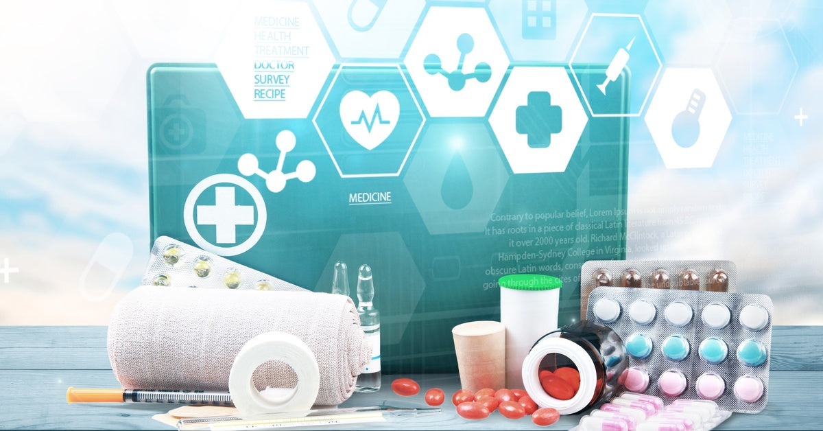 A collection of various medical supply items sitting in front of a holographic image that has multiple medical-based symbols.