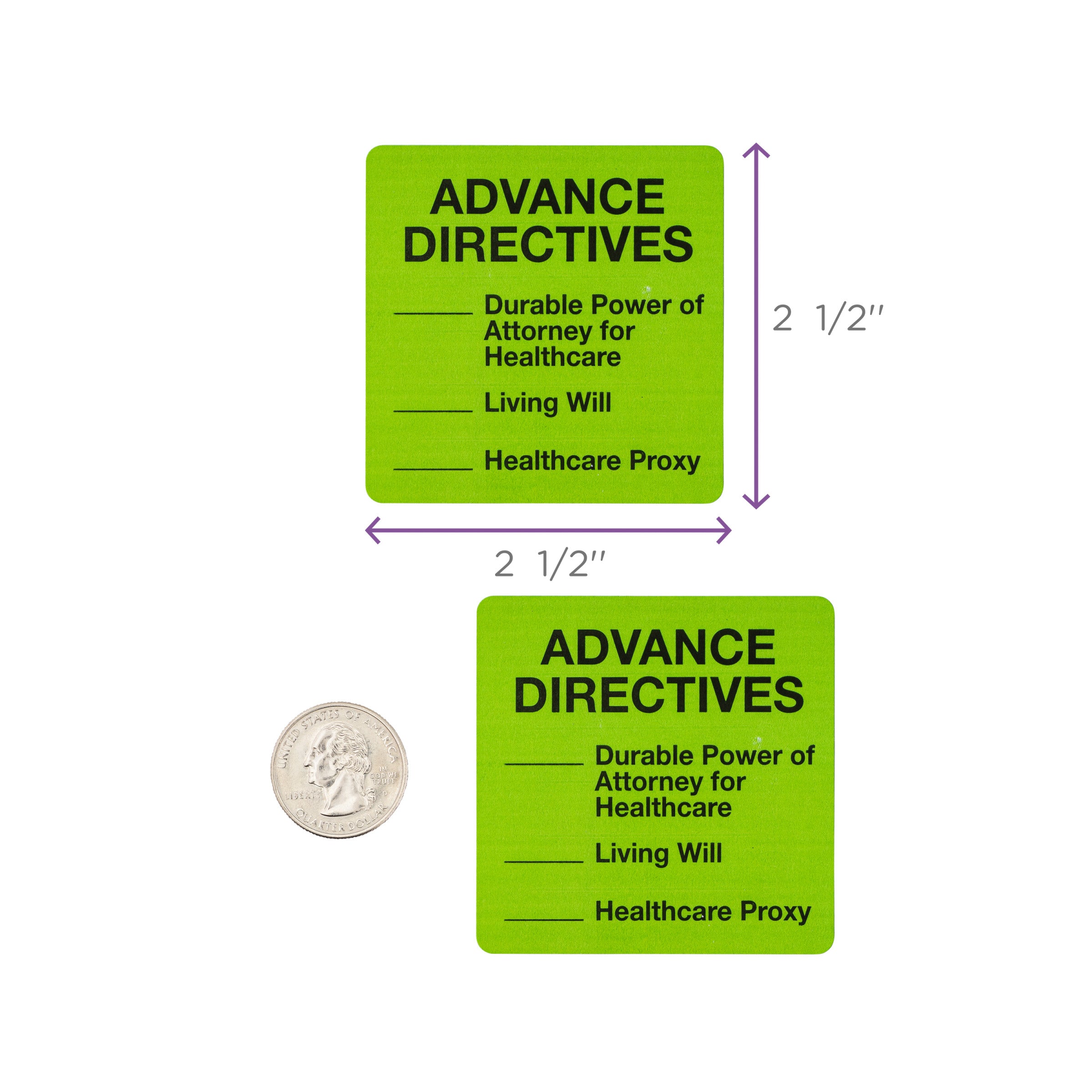 Advance Directives Alert and Instruction Label, Green, W2.5" x H.2.5" (Roll of 100)