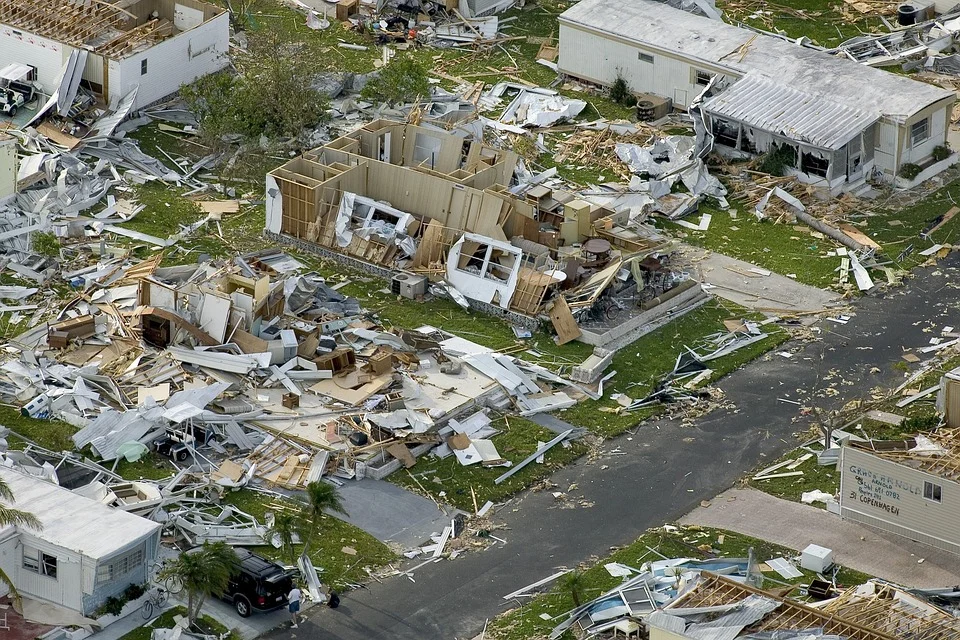 Several homes destroyed by a hurricane. 
