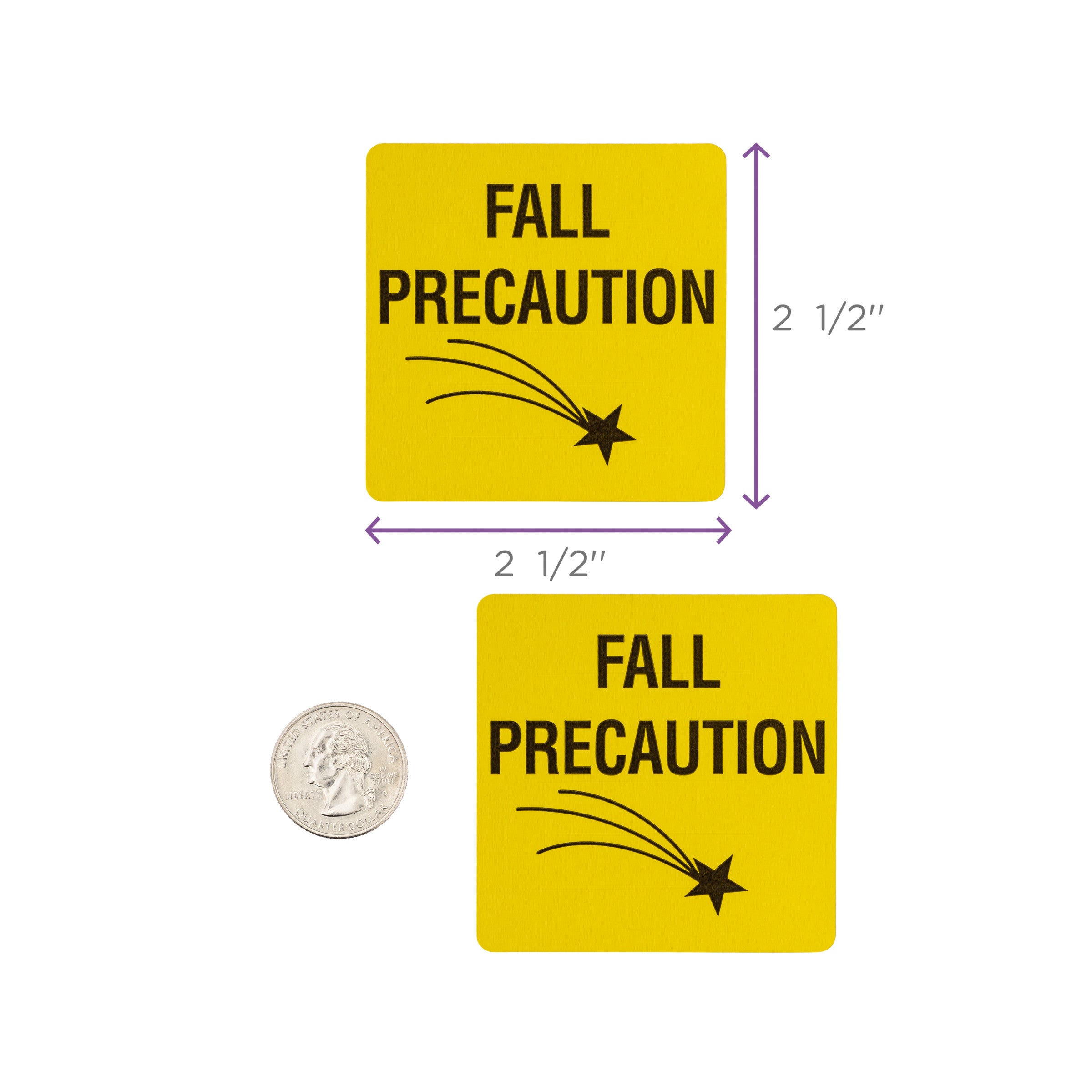 Fall Precaution with Star Alert and Instruction Labels, Yellow, W2.5" x H.2.5" (Roll of 100)