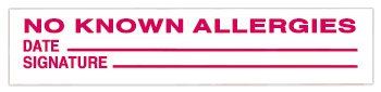 No Known Allergies Alert/Instruction Card, White, W5.25" x H1" (100 pack)